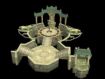 Ancient Stone Courtyard Architecture With Green Roof Pavilions And Staircases 3d model