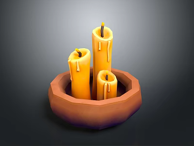 Decorative Ceramic Bowl Holding Three Yellow Candles With Melted Wax For Home Decor 3d model