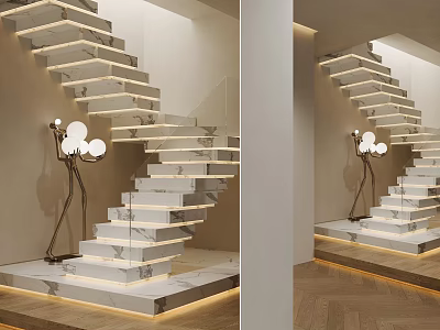 Modern Marble Staircase With Illuminated Steps And Floor Lamp On Wooden Floor 3d model