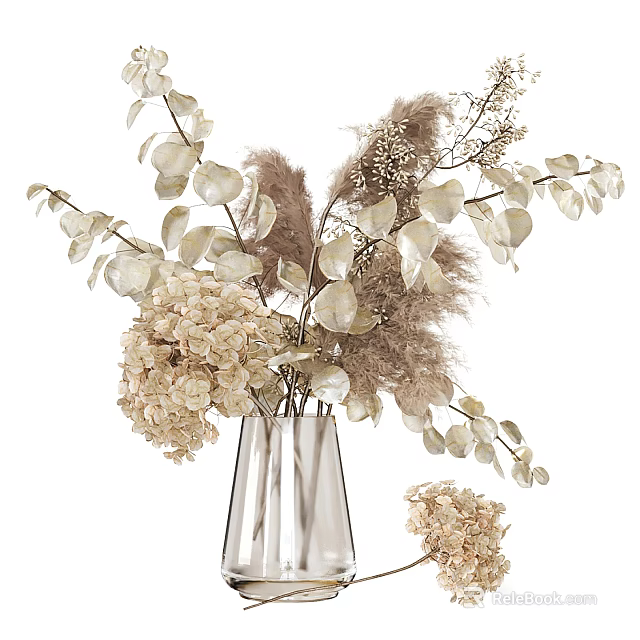 Transparent Glass Vase With Dried Eucalyptus Hydrangea And Pampas Grass Arrangement 3d model 