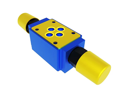 Blue Industrial Hydraulic Valve Component With Yellow Ends And Circular Ports 3d model