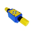 Blue Industrial Hydraulic Valve Component With Yellow Ends And Circular Ports