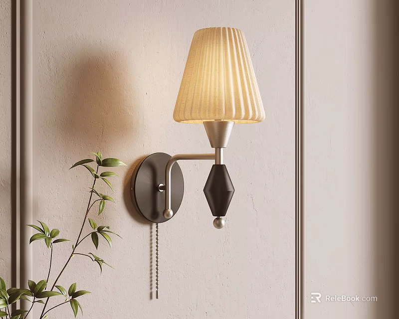 Modern Wall Lamp With Pleated Beige Shade And Metallic Body Design Near Green Plant 3d model 