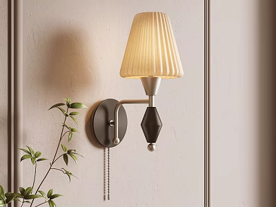 Modern Wall Lamp With Pleated Beige Shade And Metallic Body Design Near Green Plant 3d model