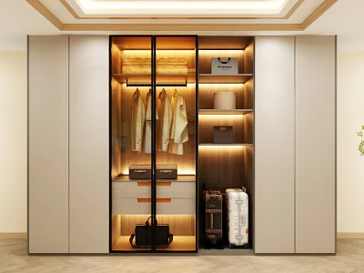 Modern Built in Wardrobe with Hanging Rods Drawers Shelves and Warm Lighting 3d model