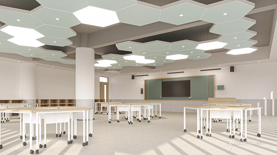 School Classroom Interior With White Mobile Desks Green Blackboard And Hexagonal Ceiling Lights 3d model