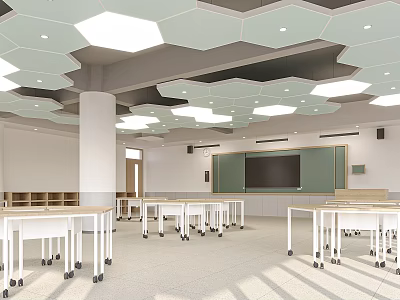 School Classroom Interior With White Mobile Desks Green Blackboard And Hexagonal Ceiling Lights 3d model