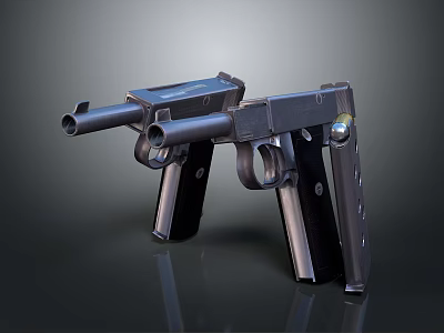Double Black Metal Pistols With Shiny Surface And Tactical Grips On Dark Background 3d model
