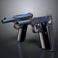 Double Black Metal Pistols With Shiny Surface And Tactical Grips On Dark Background