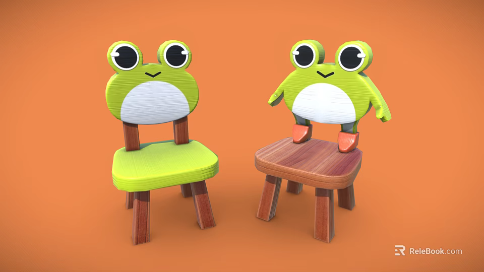 Two Green Frog Shaped Children's Chairs With Cute Smile On Orange Background 3d model 