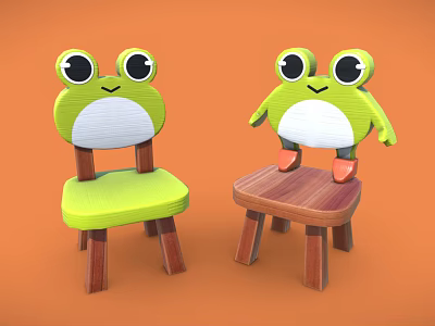 Two Green Frog Shaped Children's Chairs With Cute Smile On Orange Background 3d model