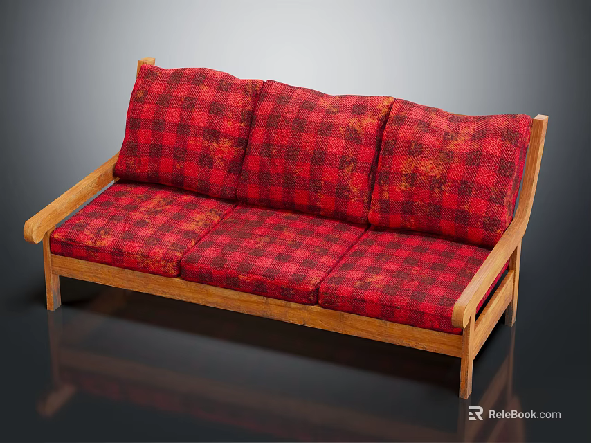 Red Plaid Three Seater Sofa With Wooden Frame And Comfortable Cushions 3d model 
