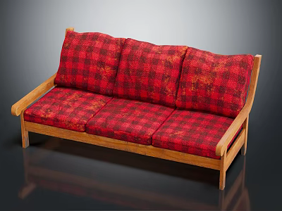 Red Plaid Three Seater Sofa With Wooden Frame And Comfortable Cushions 3d model