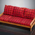 Red Plaid Three Seater Sofa With Wooden Frame And Comfortable Cushions