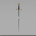 Medieval Style Sword with Golden Hilt Black Grip and Long Slender Blade on Dark Background