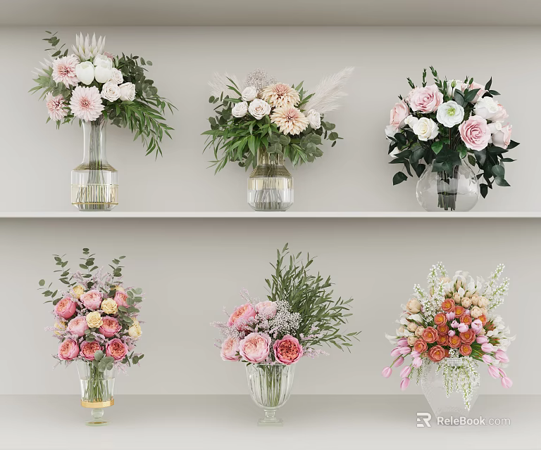 Colorful Vase Flower Arrangements With Mixed Blooms On White Shelves 3d model 