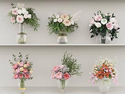 Colorful Vase Flower Arrangements With Mixed Blooms On White Shelves 3d model