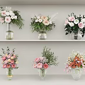 Colorful Vase Flower Arrangements With Mixed Blooms On White Shelves