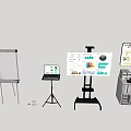 Exhibition Display Equipment Setup With Whiteboards Laptop Charts Podium And Stands