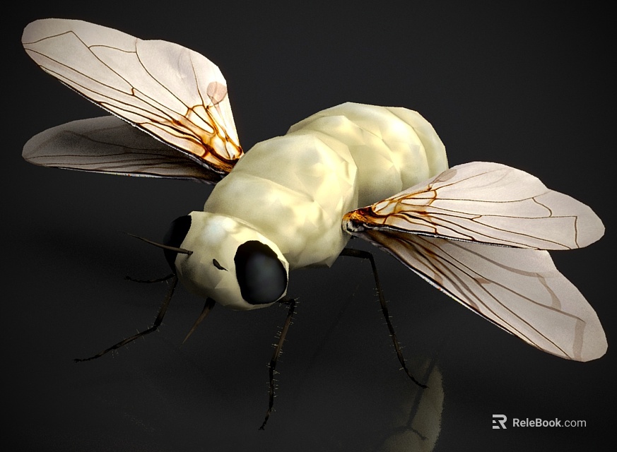 White Flying Insect With Large Black Eyes And Transparent Orange Veined Wings On Black Background 3d model 
