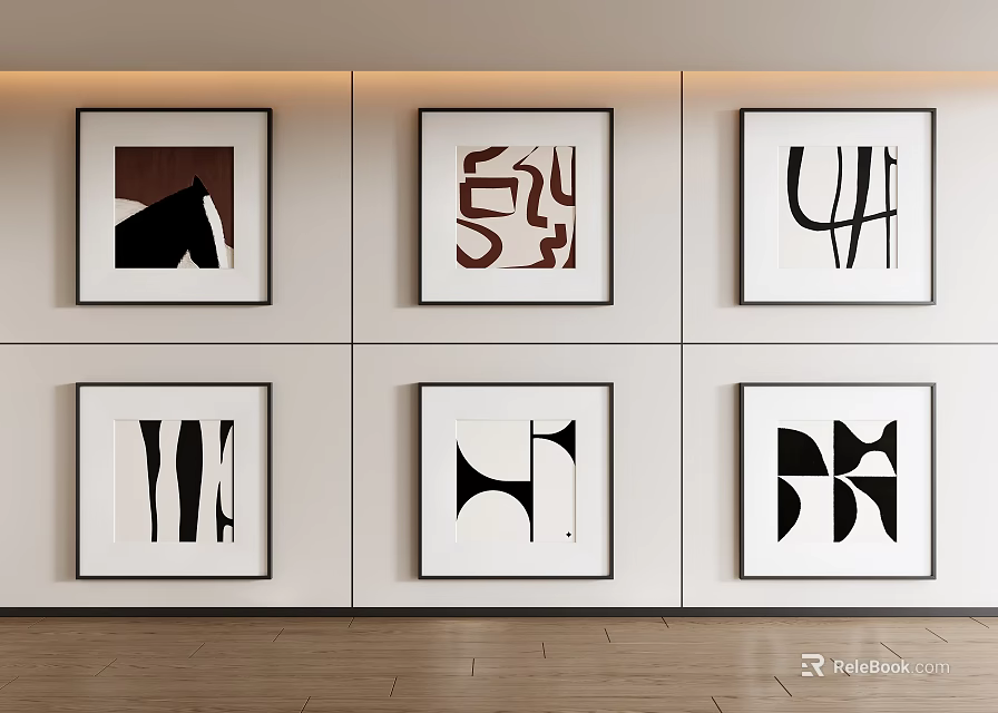 Six Abstract Paintings With Black Frames And Geometric Shapes On White Wall 3d model
