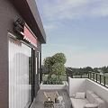 Modern Villa Balcony With Red Awning White Sofa Coffee Table And Green Plants