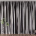 Gray Curtains With White Sheer Panels In Modern Interior With Green Plant And Stool