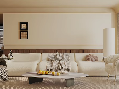 Warm Modern Living Room Interior With Beige Sofa Coffee Table And Decorative Wall Art 3d model