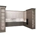 Modern Gray Kitchen Cabinets With Glass Door Panels And Marble Backsplash Countertop