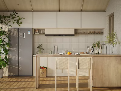 Modern Open Kitchen With Wooden Ceiling White Cabinets Island Counter Fruits Plants And Chairs 3d model