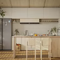 Modern Open Kitchen With Wooden Ceiling White Cabinets Island Counter Fruits Plants And Chairs