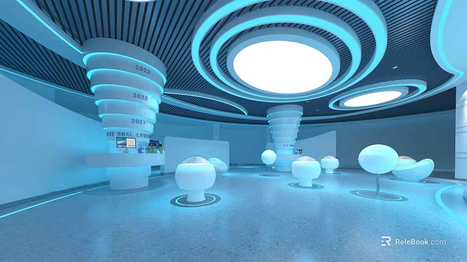 Modern Exhibition Hall Interior With Blue Circular Light Strips Round Ceiling Lights And White Spherical Exhibits 3d model 