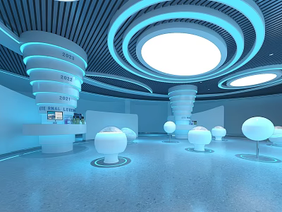 Modern Exhibition Hall Interior With Blue Circular Light Strips Round Ceiling Lights And White Spherical Exhibits 3d model