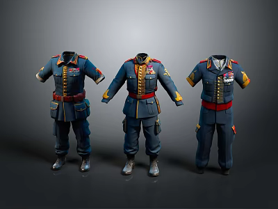 Three Sets of Blue Military Uniforms with Gold Buttons Red Belts and Badges 3d model