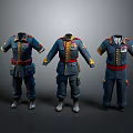 Three Sets of Blue Military Uniforms with Gold Buttons Red Belts and Badges