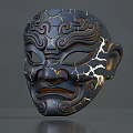 Three Black Masks With Gold Patterns And Different Expressions On Gray Platform 3d model