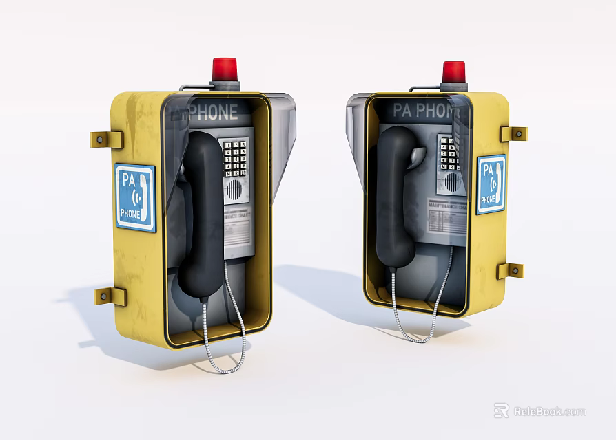 Public PA Phones With Yellow Enclosure Red Button And Black Handset For Digital Communication 3d model 
