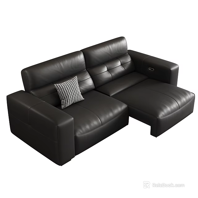 Black Leather L Shaped Two Seater Sofa With Plaid Cushion 3d model 