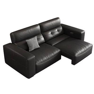Black Leather L Shaped Two Seater Sofa With Plaid Cushion 3d model