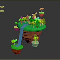 3D Fantasy Floating Island Scene With Green Grass Trees Blue Waterfall And Black Animal