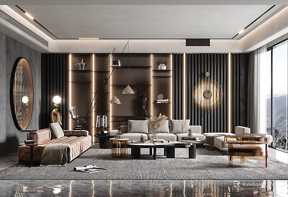 Elegant Modern Living Room Interior Design With Sofa Coffee Table Rug And Circular Mirror 3d model 