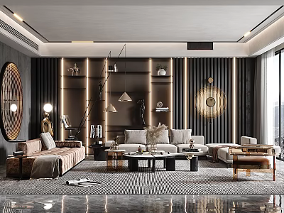 Elegant Modern Living Room Interior Design With Sofa Coffee Table Rug And Circular Mirror 3d model