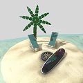 Cartoon Scene With Small Sandy Island Palm Tree Deck Chair Lifebuoy And Water Area