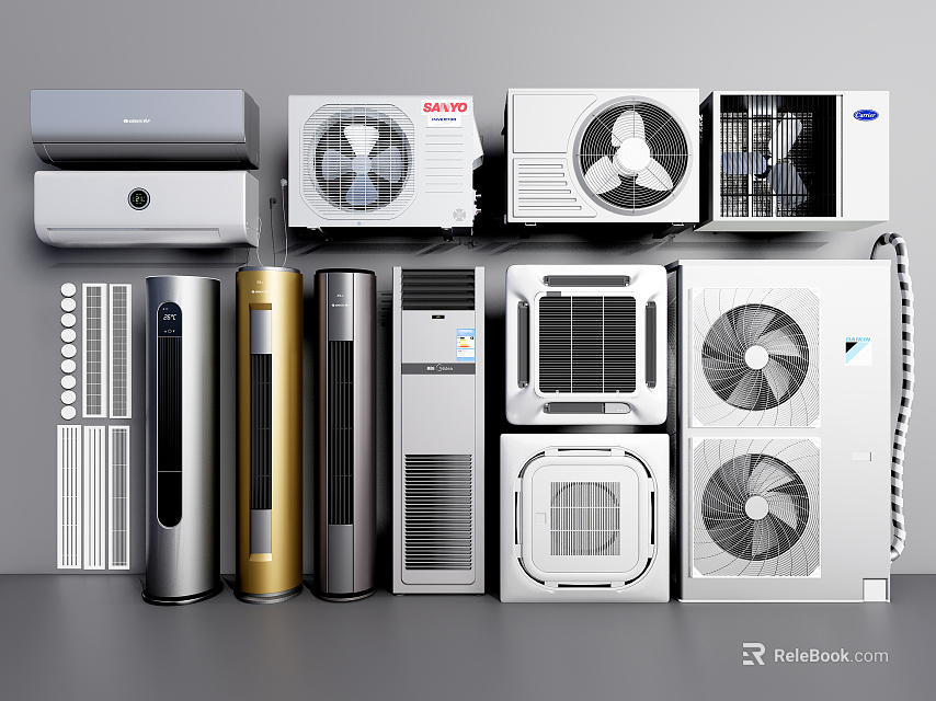 Various Types of Air Conditioners and Fans Including Wall Mounted Floor Standing and Window Units 3d model 