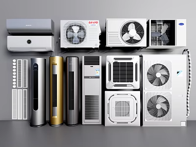 Various Types of Air Conditioners and Fans Including Wall Mounted Floor Standing and Window Units 3d model
