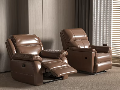 Two Brown Leather Massage Chairs With Reclined Footrest And Gray Walls Curtains Blinds 3d model