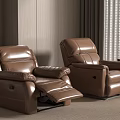 Two Brown Leather Massage Chairs With Reclined Footrest And Gray Walls Curtains Blinds