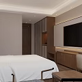 Hotel Guest Room With Large Bed White Bedding Wooden Furniture And Lake View Window