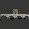 Cartoon Scene of Red Brick Building with Spire Decorations and Arched Bridge with Green Grass