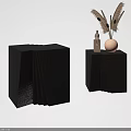 Two Black Textured Side Tables With Feather Vase And Statue Decoration 3d model